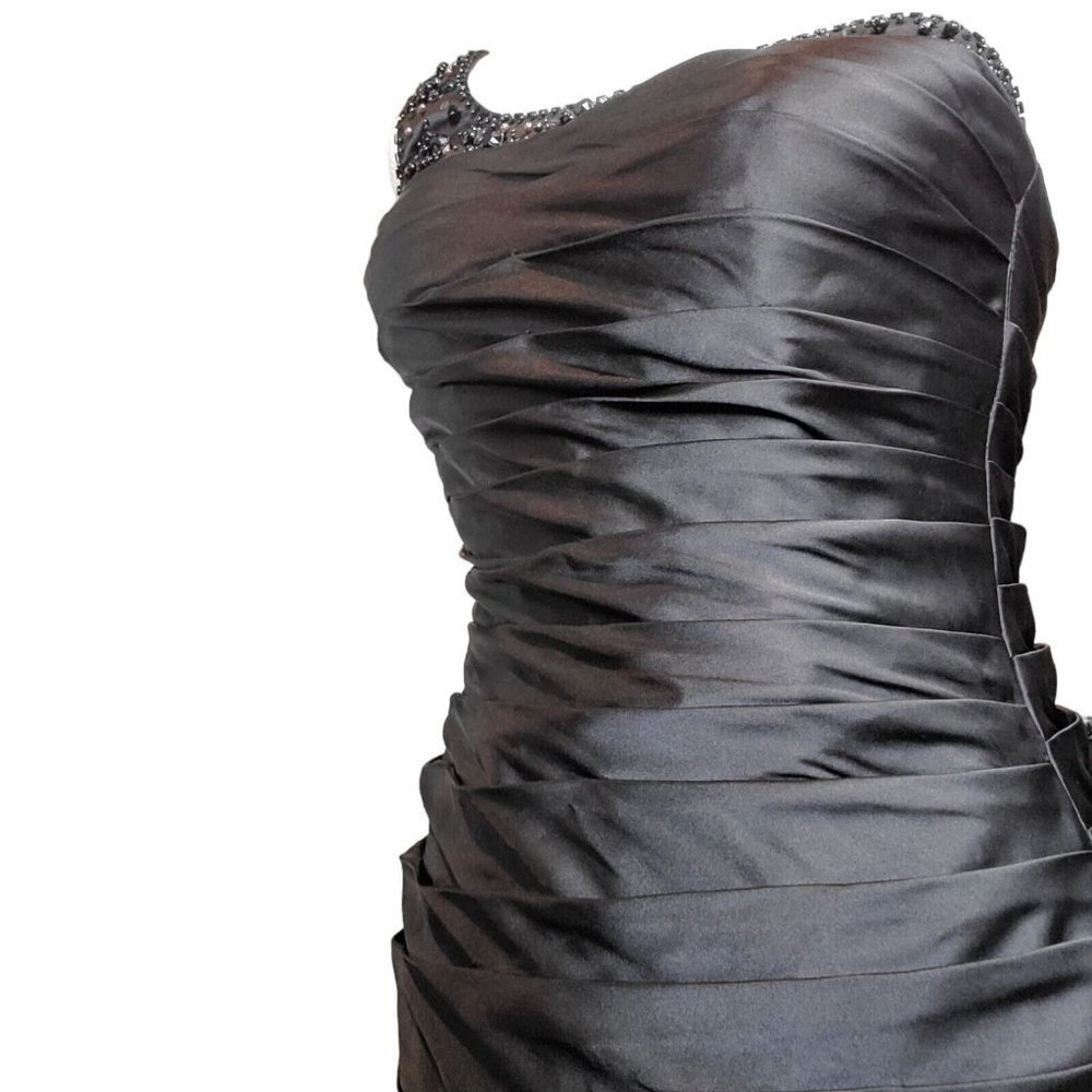 Y2K Black Satin One Shoulder Cocktail Dress Ruched Beaded LBD Sz 4‎ Knee Length - Picture 4 of 12